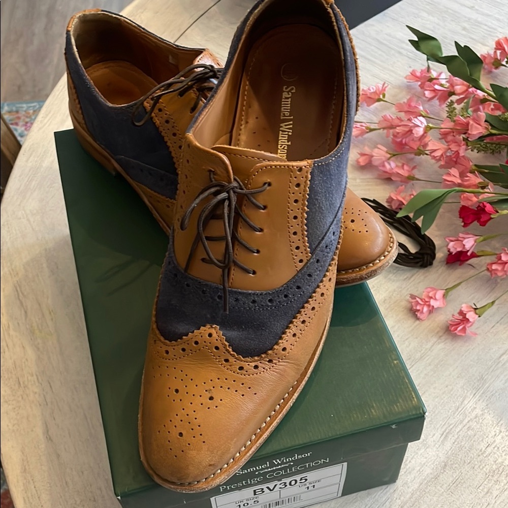 Tan and Gray Oxford Shoes with Classic Broguing